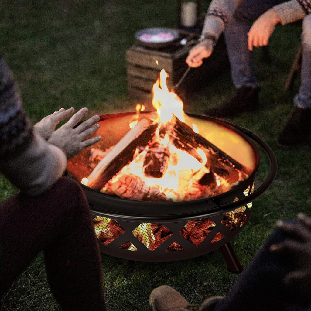 SUNCREAT 42” Patio Fire Pit Wood Burning with Mesh Spark Screen, Bonfire Outdoor firepit with Fireplace Poker, Black