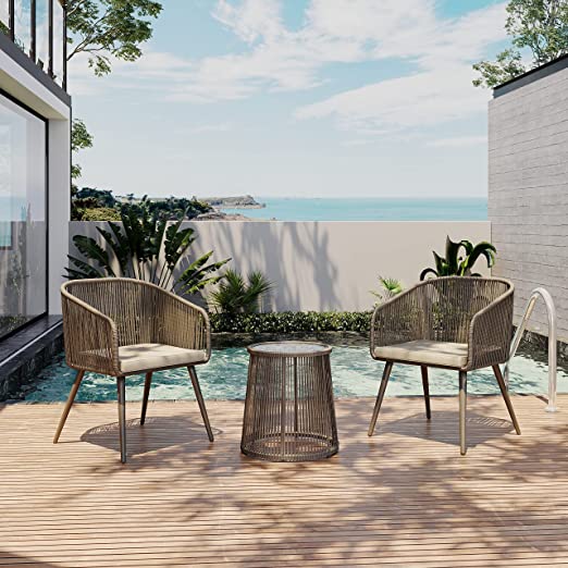 East Oak 3-Piece Handwoven Wicker Patio Bistro Set With Cushions And Glass Table, 25 W x 24 D x 32 H