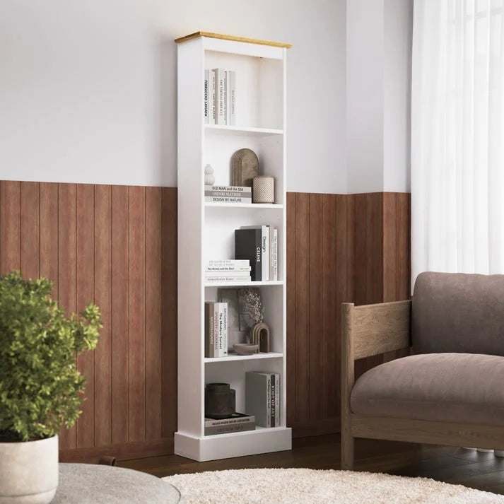 Tall Narrow Solid Pine Wood Bookcase With 5 Open Shelves