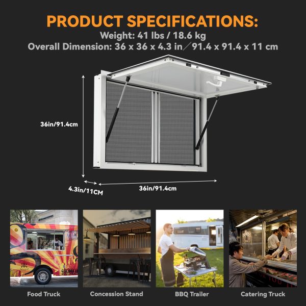 AUTO_ACCESSORY Concession Service Window 36W x 36H Aluminum Alloy With Sliding Screens, Awning Door And Hydraulic Lift