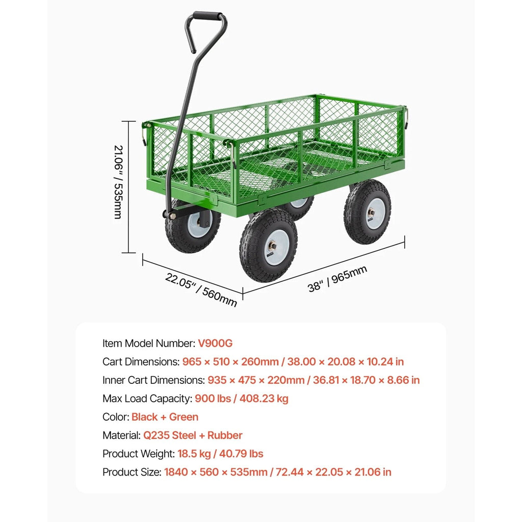KFFKFF Mesh Steel Garden Cart 900 Lbs, 38 x 22 " Heavy Duty Utility Wagon Cart, Metal Garden Trolley with 10" Wheels, Removable Mesh Sides, 180 Swiveling Handle (Green)