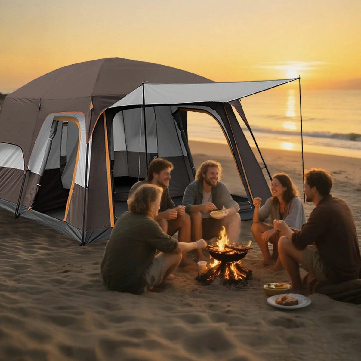 KFeng 12 Person Tents for Camping - 2Rooms 3Doors&amp;3Windows Mesh,Suitable for Outdoor/Picnic,Brown