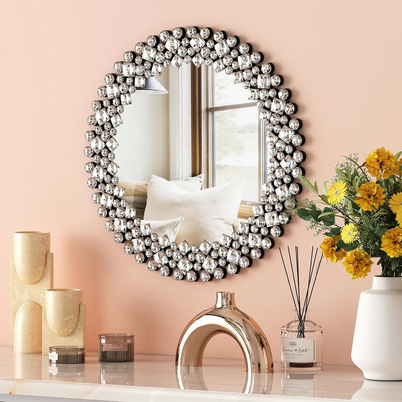 Round Crystal Accent Decorative Wall Mirror - 18/24/34 in