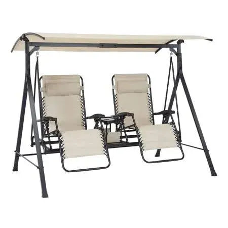 Mainstays Zero-Gravity Porch Swing, Steel Frame, Beige/Black, 2-Person, 90.55 x 58.27 x 72.44 in