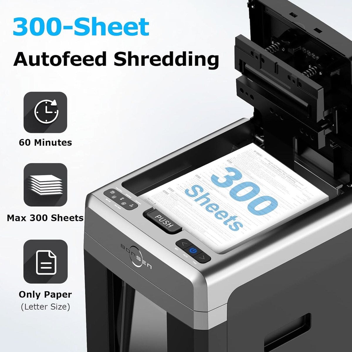 BONSEN 300-Sheet Auto Feed Paper Shredder, 60 Min, P-4, 8.1 Gal, Quiet