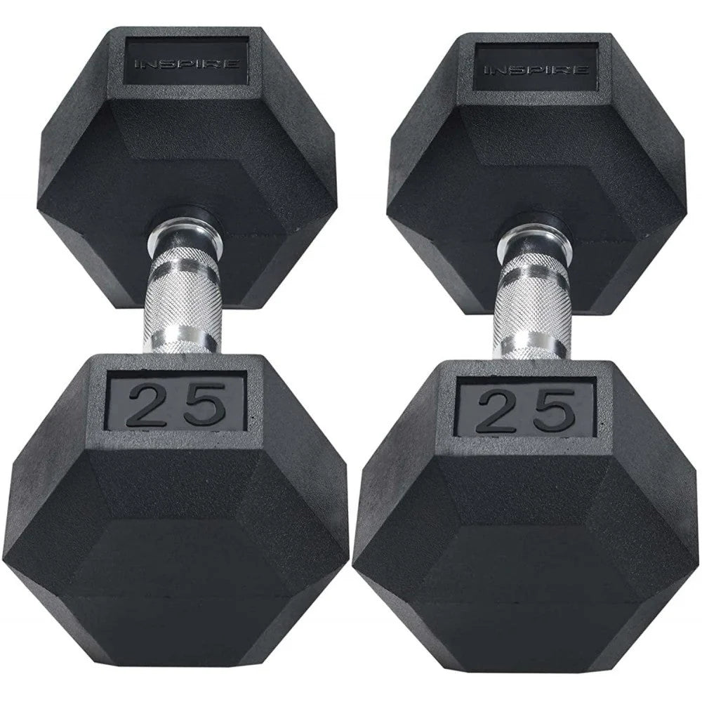 Inspire Fitness Rubber Dumbbell Set, 210 lb (5-30 lb), 6 Pair Vertical Rack