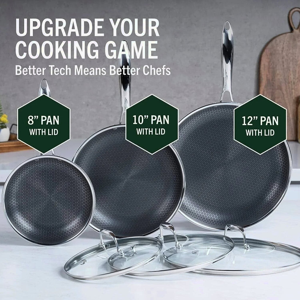 HexClad 6 Piece Hybrid Stainless Steel Cookware Pan Set 8 inch 10 inch 12 inch with Glass Lids Size: One size Black