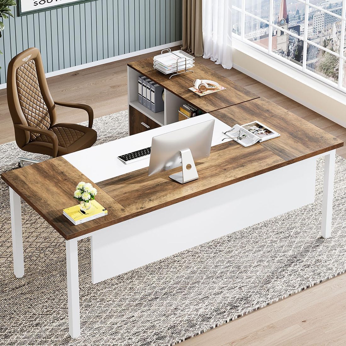 L-Shaped Computer Desk With Drawer Cabinet, 63 Inches, 2 Piece - Gray