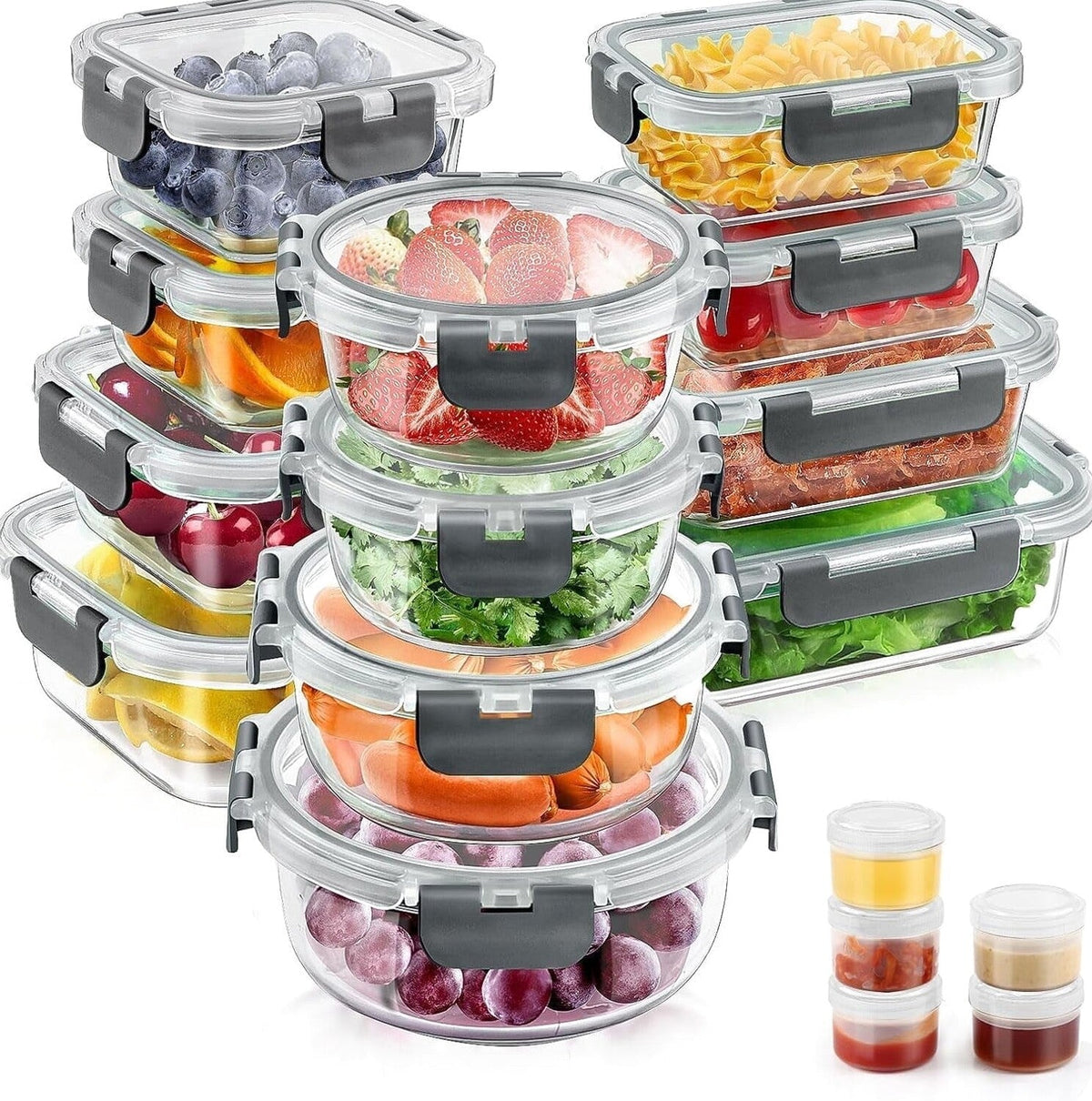 34pcs Glass Food Storage Containers with Lids Set, Airtight Meal Prep Containers (17 Containers &amp; 17 Lids), Grey