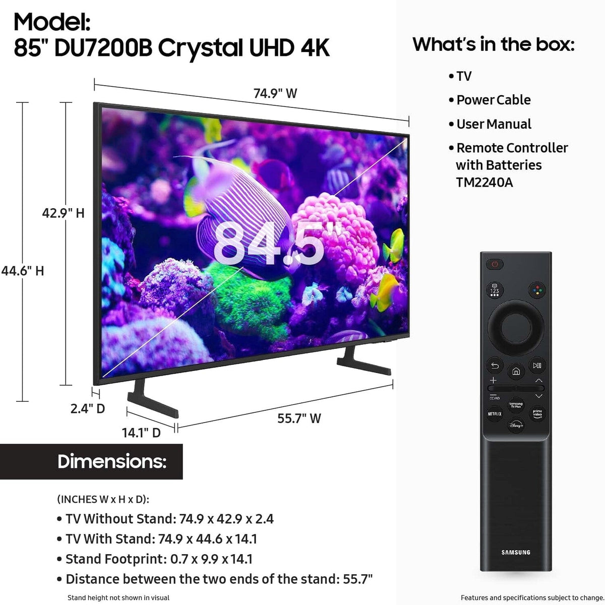 Samsung 85′′ DU7200B Crystal UHD 4K Smart TV with HDR, Motion Xcelerator, and Object Tracking Sound Lite