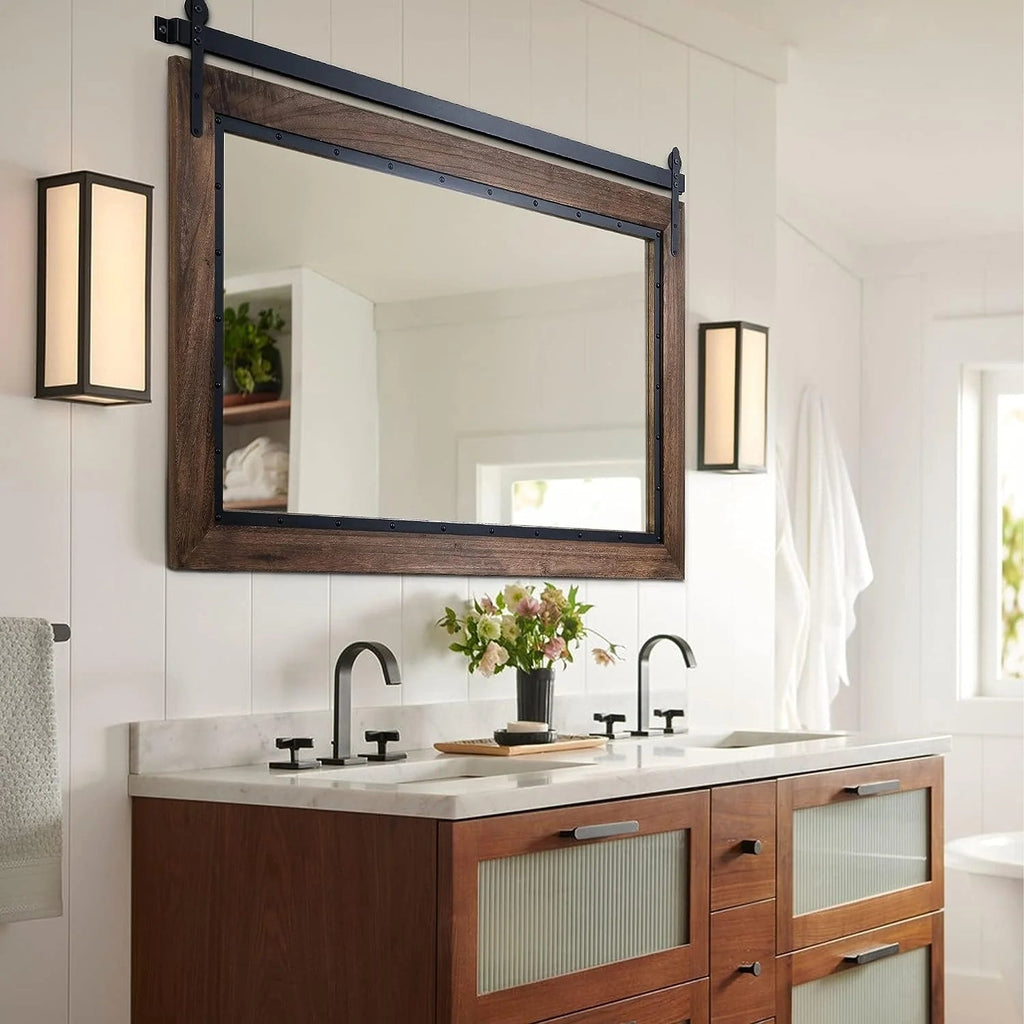 Farmhouse Barn Door Style Bathroom Vanity Mirror, Natural Wood, 24in W x 32in H x 1.25in D to 48in W x 30in H x 1.25in D