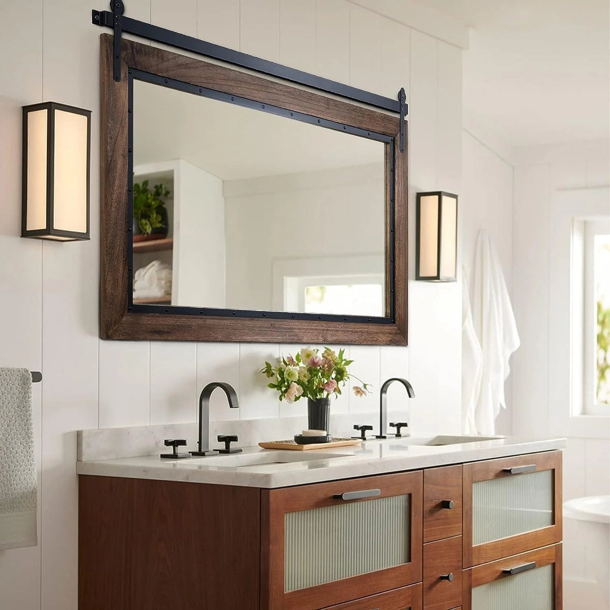 Farmhouse Barn Door Style Bathroom Vanity Mirror, Natural Wood, 24in W x 32in H x 1.25in D to 48in W x 30in H x 1.25in D