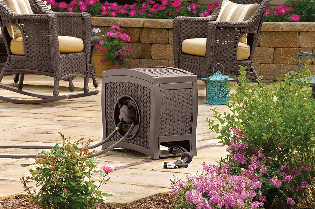 Suncast Aquawinder 125?? Wicker Garden Hose Reel ?C Lightweight Portable Hands ?C Free Water Powered Retractable Hose Reel ?C Java