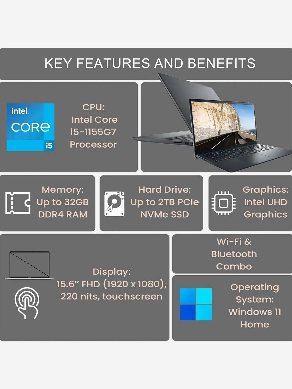 Dell Newest Inspiron 15 3511 Laptop, 15.6" FHD Touchscreen, Intel Core i5-1035G1, 12GB RAM, 256GB PCIe NVMe M.2 SSD, SD Card Reader, Webcam, HDMI, WiFi, Windows 11 Home, Black