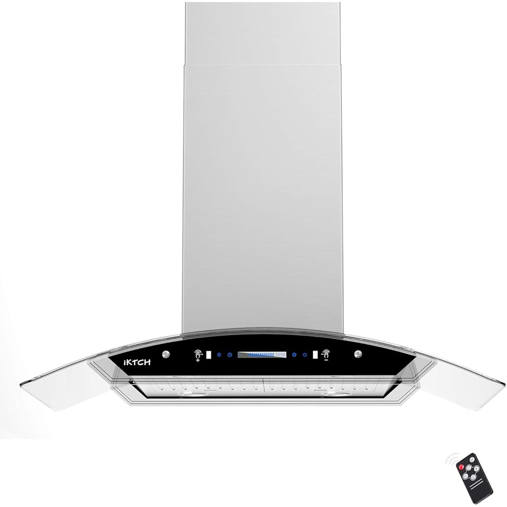 Iktch 30-Inch Island Mount Glass And Stainless Steel Range Hood