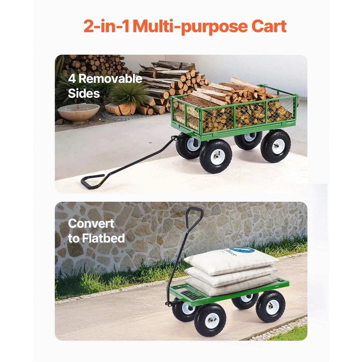 KFFKFF Mesh Steel Garden Cart 900 Lbs, 38 x 22 " Heavy Duty Utility Wagon Cart, Metal Garden Trolley with 10" Wheels, Removable Mesh Sides, 180 Swiveling Handle (Green)