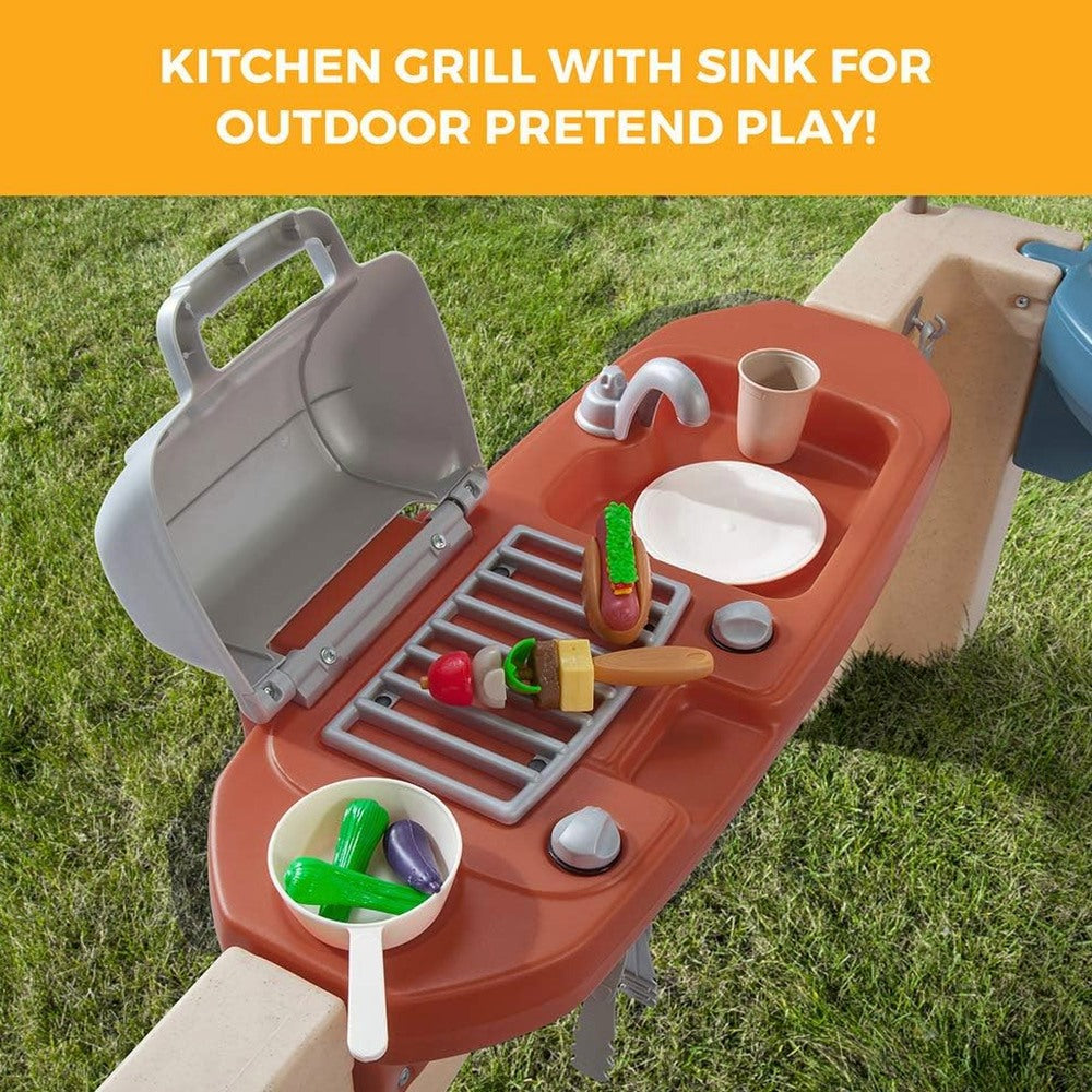 All-round play patio with canopy, kids indoor and outdoor kitchen play set