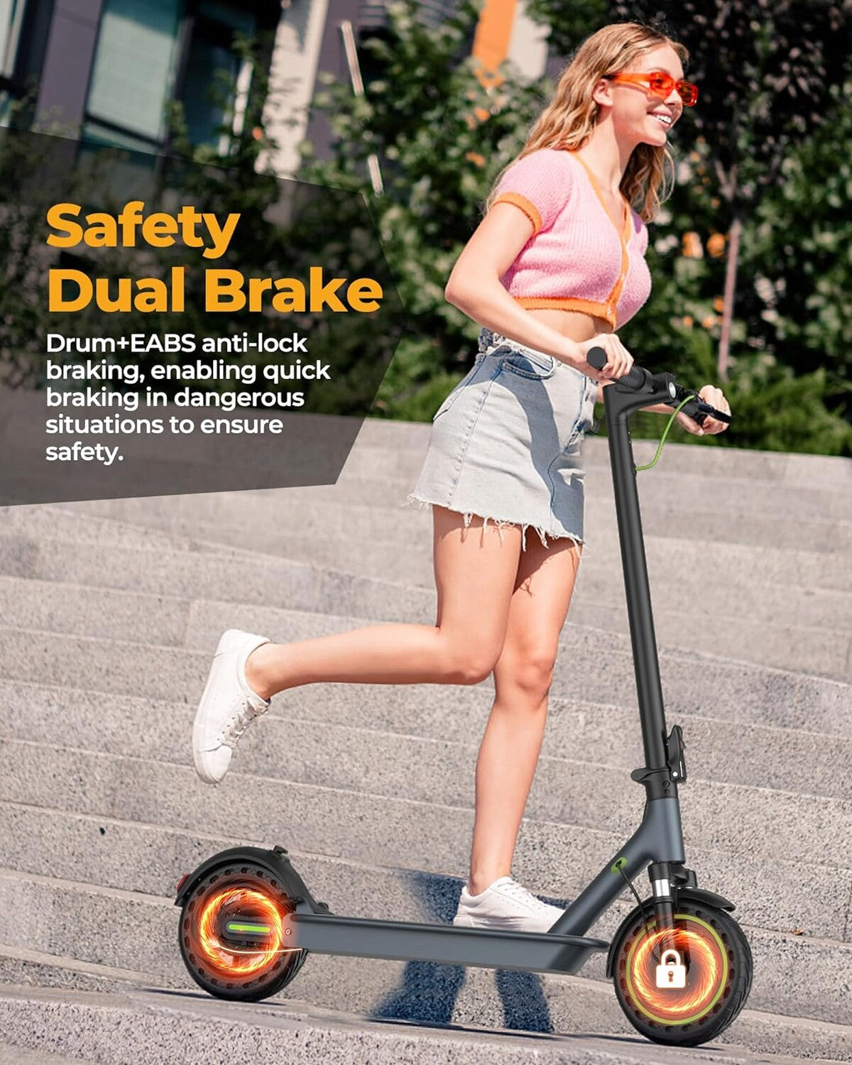 Electric Scooter - 8.5" Solid Tires, 350W Motor, Up to 19 MPH and 21-23 Miles Long-Range Portable Foldable Commuting Scooter for Adults with Double Braking System and App