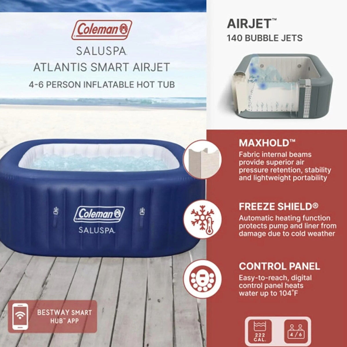 4 to 6 Person Inflatable Hot Tub Square Portable Outdoor Spa with 114 Soothing AirJets and Insulated Cover, Gray-Coleman