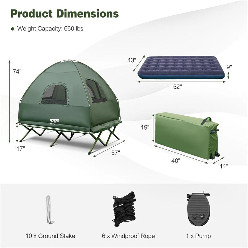 5-in-1 2-Person Portable Camping Tent Cot With Air Mattress, Sleeping Bags And Sunshade - Green & Blue