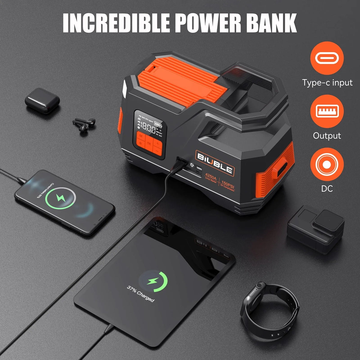 Biuble Car Jump Starter With Air Compressor, 4500A Peak, 26800mAh, 12V, 150PSI - JS006