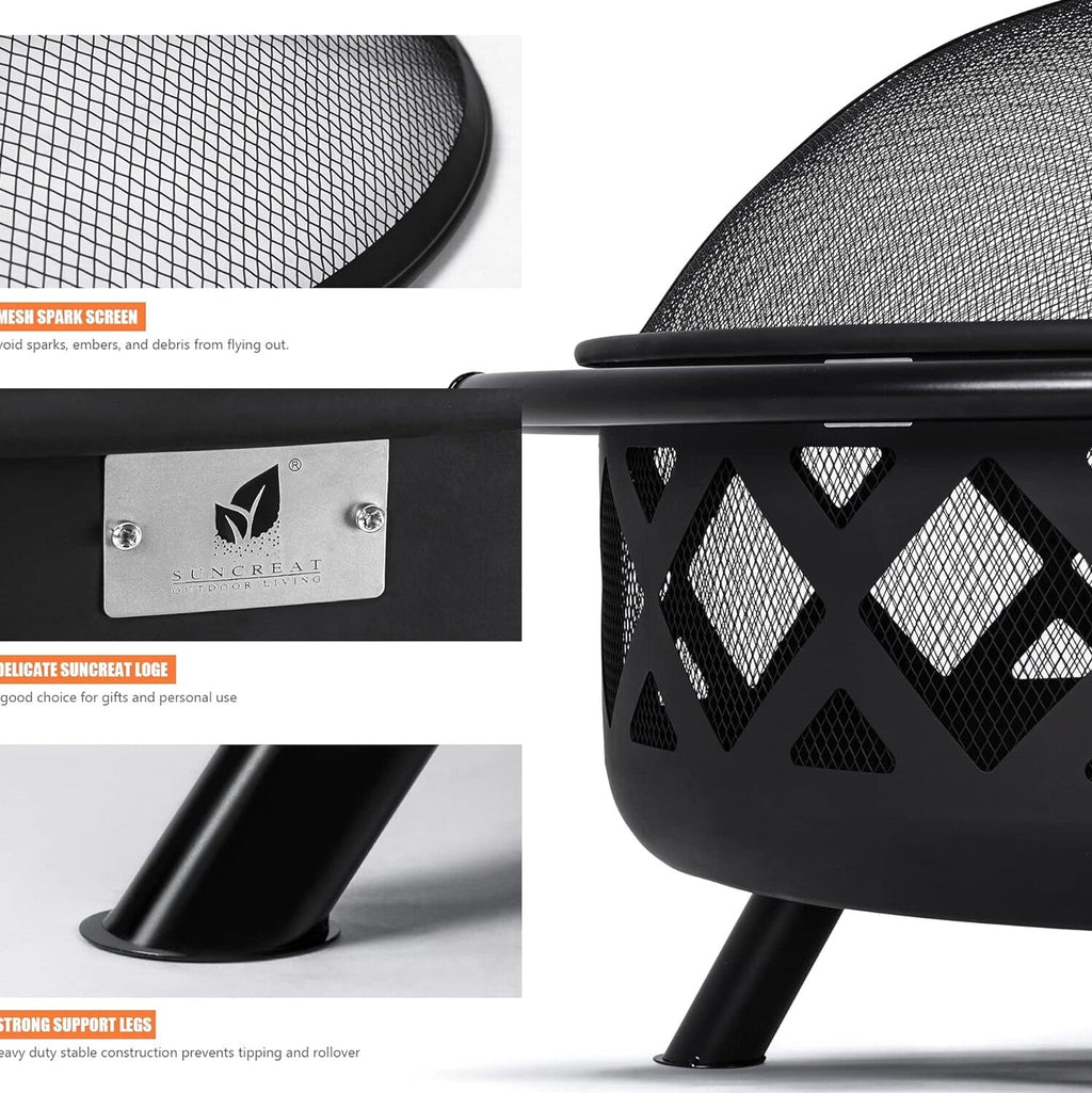 SUNCREAT 42” Patio Fire Pit Wood Burning with Mesh Spark Screen, Bonfire Outdoor firepit with Fireplace Poker, Black