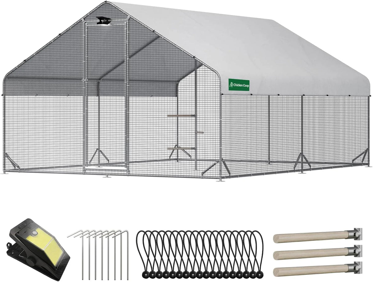 CHIKENCOOP Large Walk-In Metal Chicken Coop With Run, Solar Light And UV Cover - 2-Unit Coop