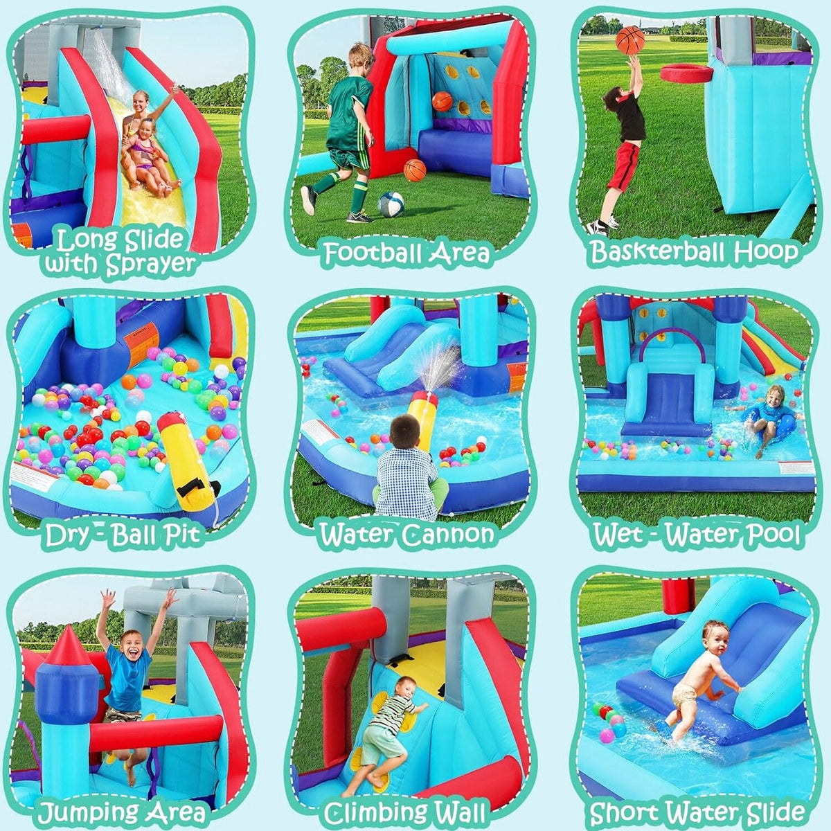 Inflatable Water Slides for Kids 8-in-1 Bounce House Water Park with 450W Blower Climbing Wall, Splash Pool, 2 Water Cannons, Basketball Hoop, Water Slide, Crocodile Sprinkler for Gift Backyard Party