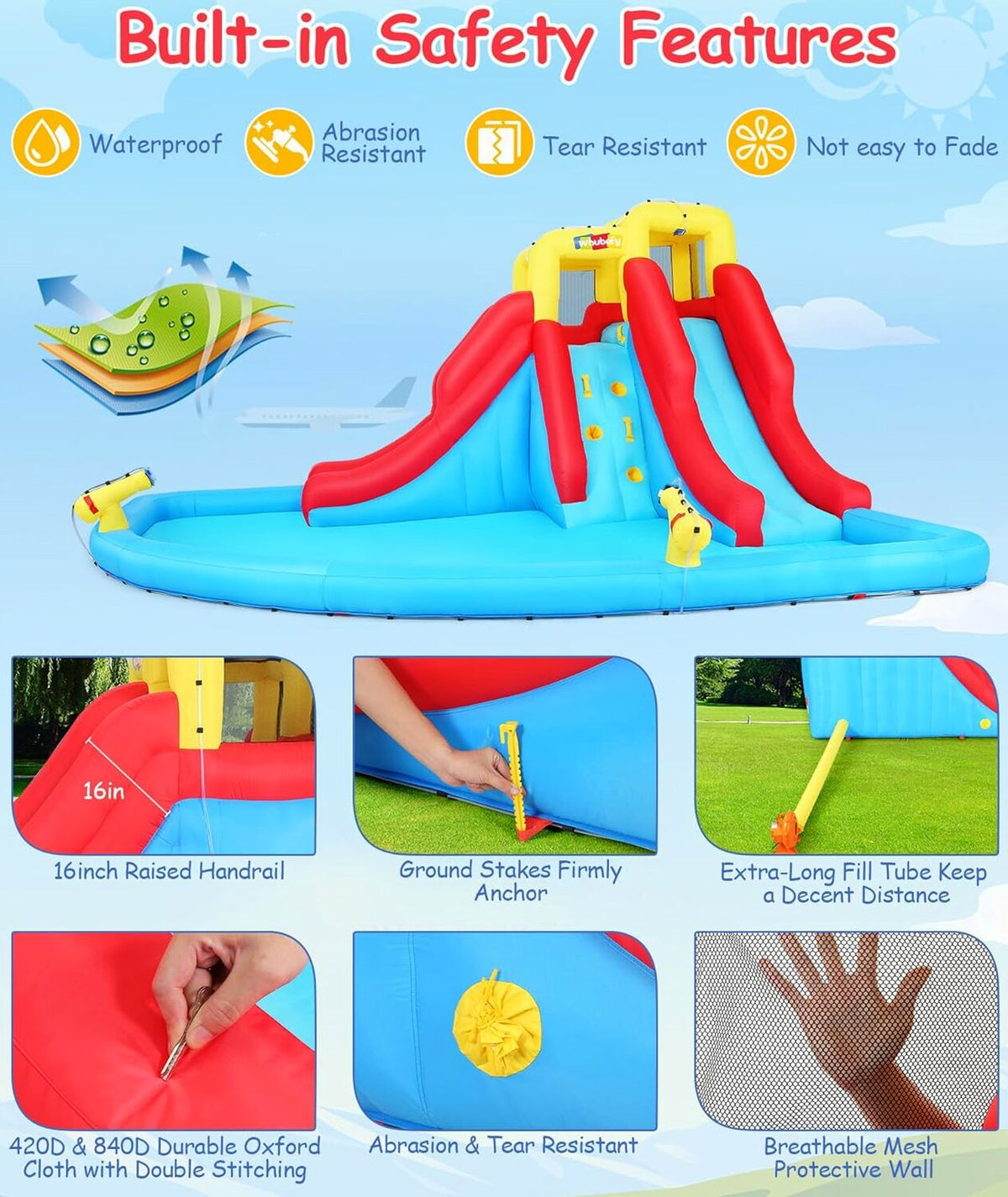 Inflatable Water Slides for Kids 8-in-1 Bounce House Water Park with 450W Blower Climbing Wall, Splash Pool, 2 Water Cannons, Basketball Hoop, Water Slide, Crocodile Sprinkler for Gift Backyard Party