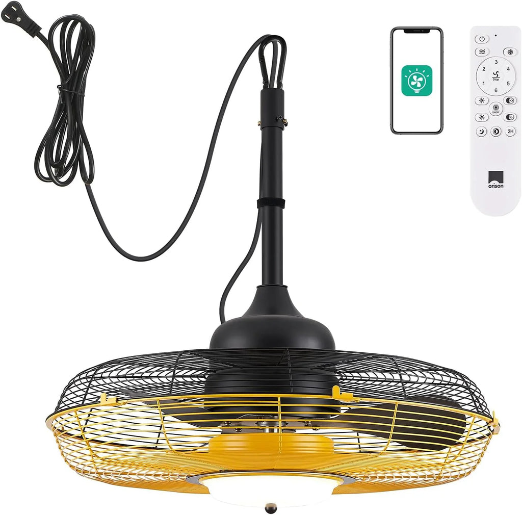Orison Outdoor Plug-In Ceiling Fan With Light, Yellow, 21in D x 21in W x 10in H - B63992