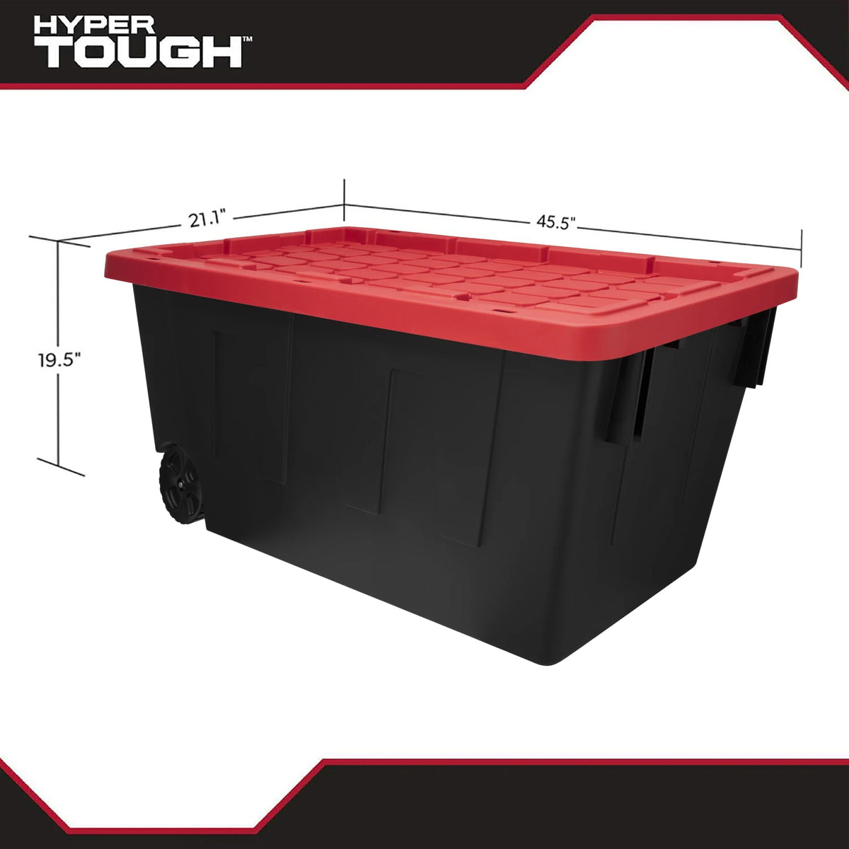 Hyper Tough 50 Gallon Wheeled Plastic Storage Bin, Black With Red Lid