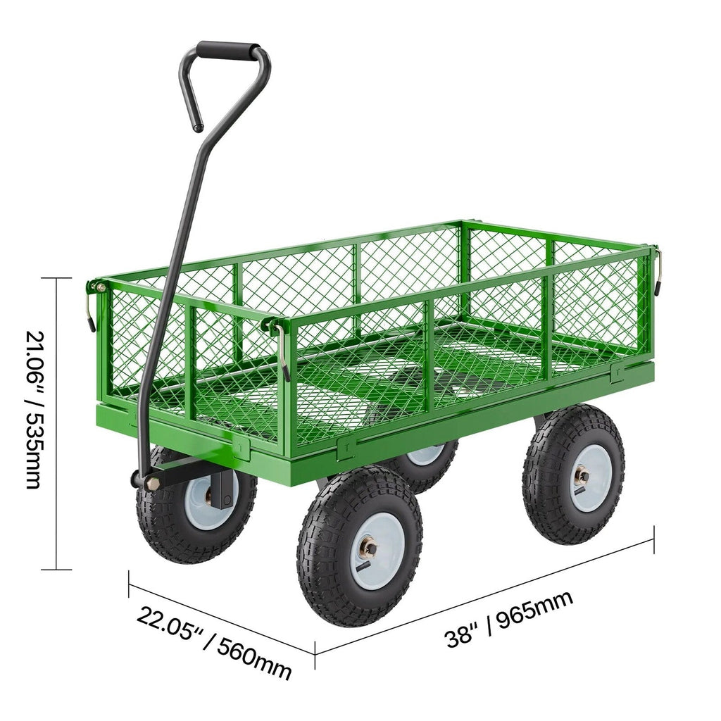 KFFKFF Mesh Steel Garden Cart 900 Lbs, 38 x 22 " Heavy Duty Utility Wagon Cart, Metal Garden Trolley with 10" Wheels, Removable Mesh Sides, 180 Swiveling Handle (Green)