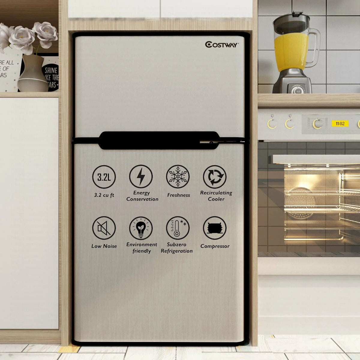 Costway Compact Refrigerator With Internal Freezer, Grey, 3.2 Cu. Ft.