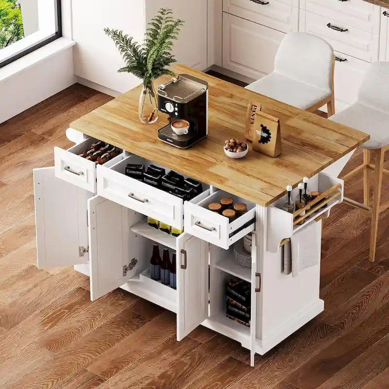 Kitchen Island Cart With Wood Drop Leaf, 54.1 x 29.5 x 35.9 Inches, White