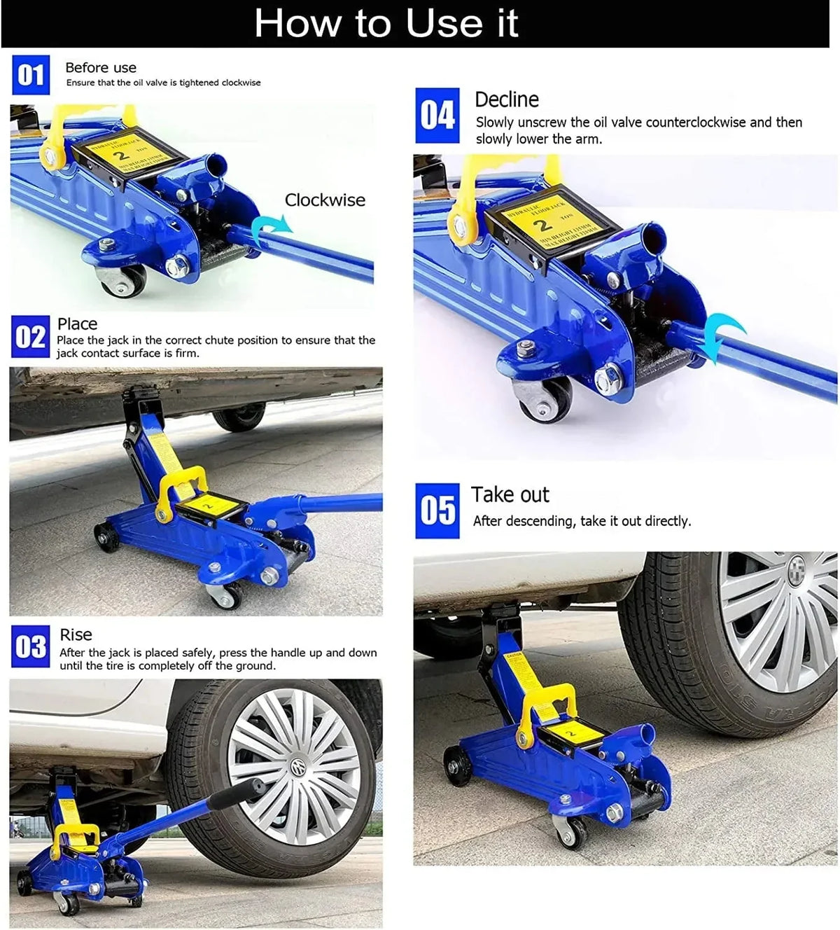 2T Hydraulic Floor Jack With 2pcs 3 Ton Axle Stands - Blue