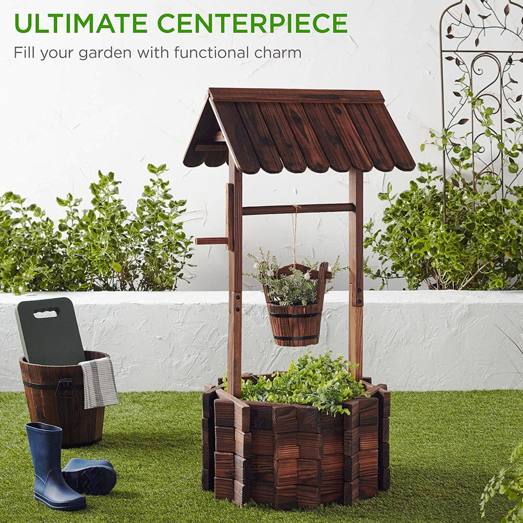 Best Choice Products Rustic Wooden Wishing Well Planter Outdoor Home Décor for Patio, Garden, Yard w/Hanging Bucket