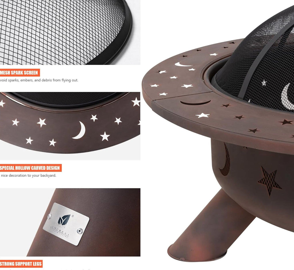 SUNCREAT 42” Patio Fire Pit Wood Burning with Mesh Spark Screen, Bonfire Outdoor firepit with Fireplace Poker, Black