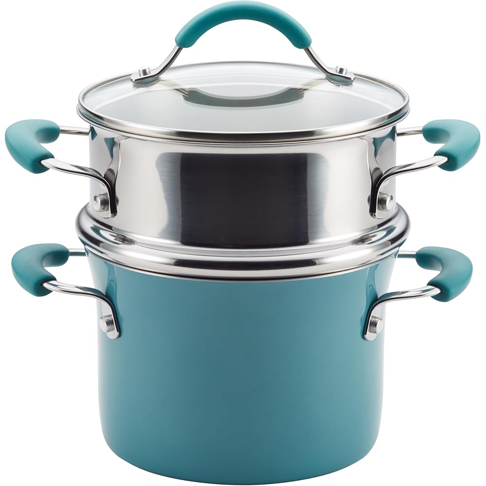 Rachael Ray Cucina Hard Porcelain Enamel Nonstick Multi-Pot Steamer Set, 3-Quart, Agave Blue - 16799