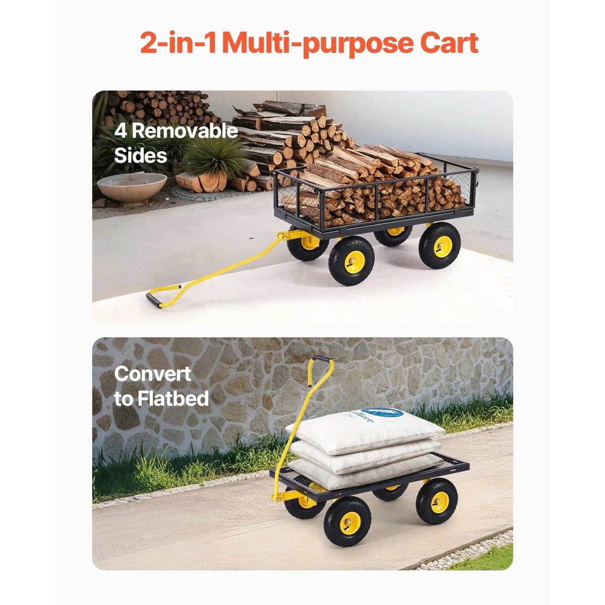 KFFKFF Mesh Steel Garden Cart 900 Lbs, 38 x 22 " Heavy Duty Utility Wagon Cart, Metal Garden Trolley with 10" Wheels, Removable Mesh Sides, 180 Swiveling Handle (Green)