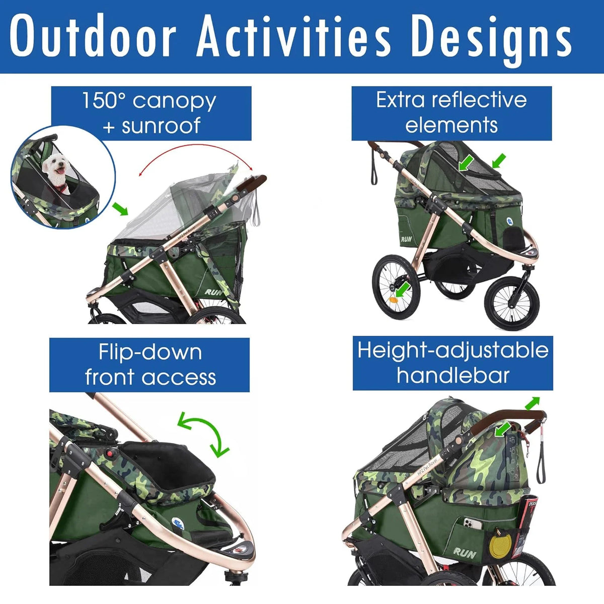 HPZ-PR America Pet Rover Run Jogging Pet Stroller, 50 lbs, Camo Green - B08R9KCWW1