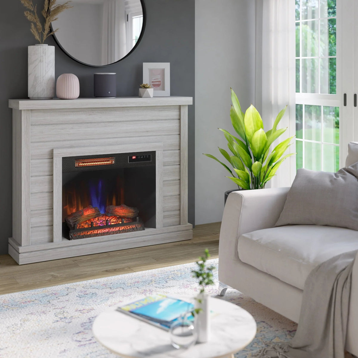 Shiplap Wall-Mounted Electric Fireplace Mantel, 52 inch, 28 Inch Insert, 3D Flame Effect