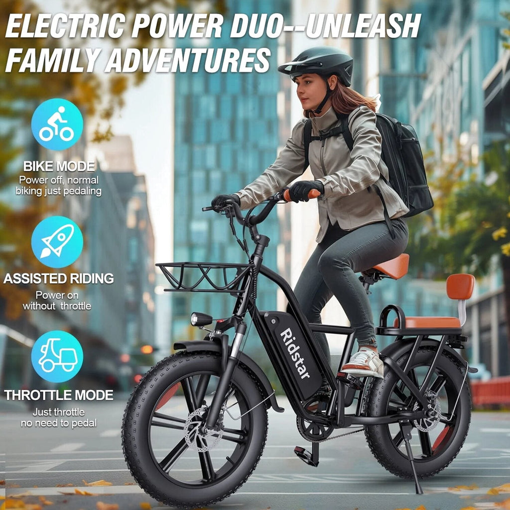 Electric Bike for Adults750W 30-70Miles 48V 15AH Removable Battery Ebike 20" x 4.0 Fat Tire Beach Commuting E-Bike 2 Seater W/Fork Suspension UL2849