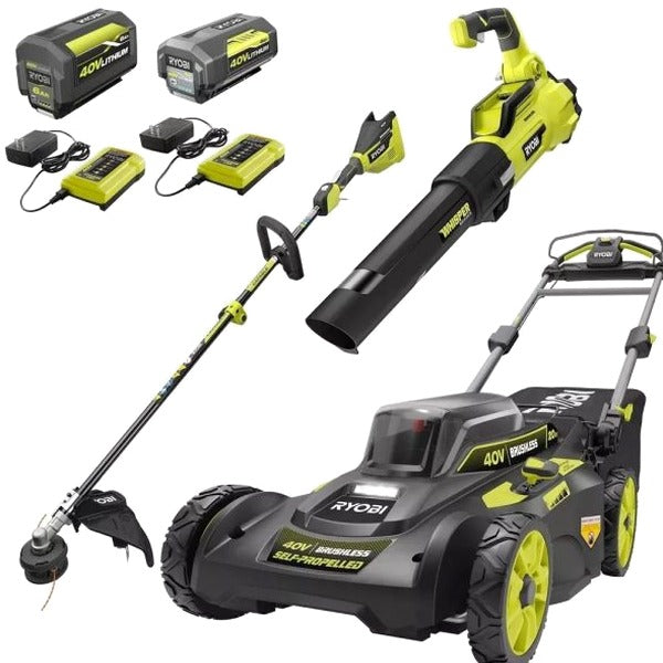 40V Brushless 20 in. Walk Behind Self Propelled Mower String Trimmer Leaf Blower with (2) Batteries and (2) Chargers