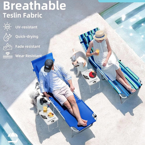 3-in-1 Outdoor Sun Tanning Lounge Chair with Face Hole 5-Position Recliner, Folding Side Table &amp; Removable Pillow, 330lbs Capacity, Blue