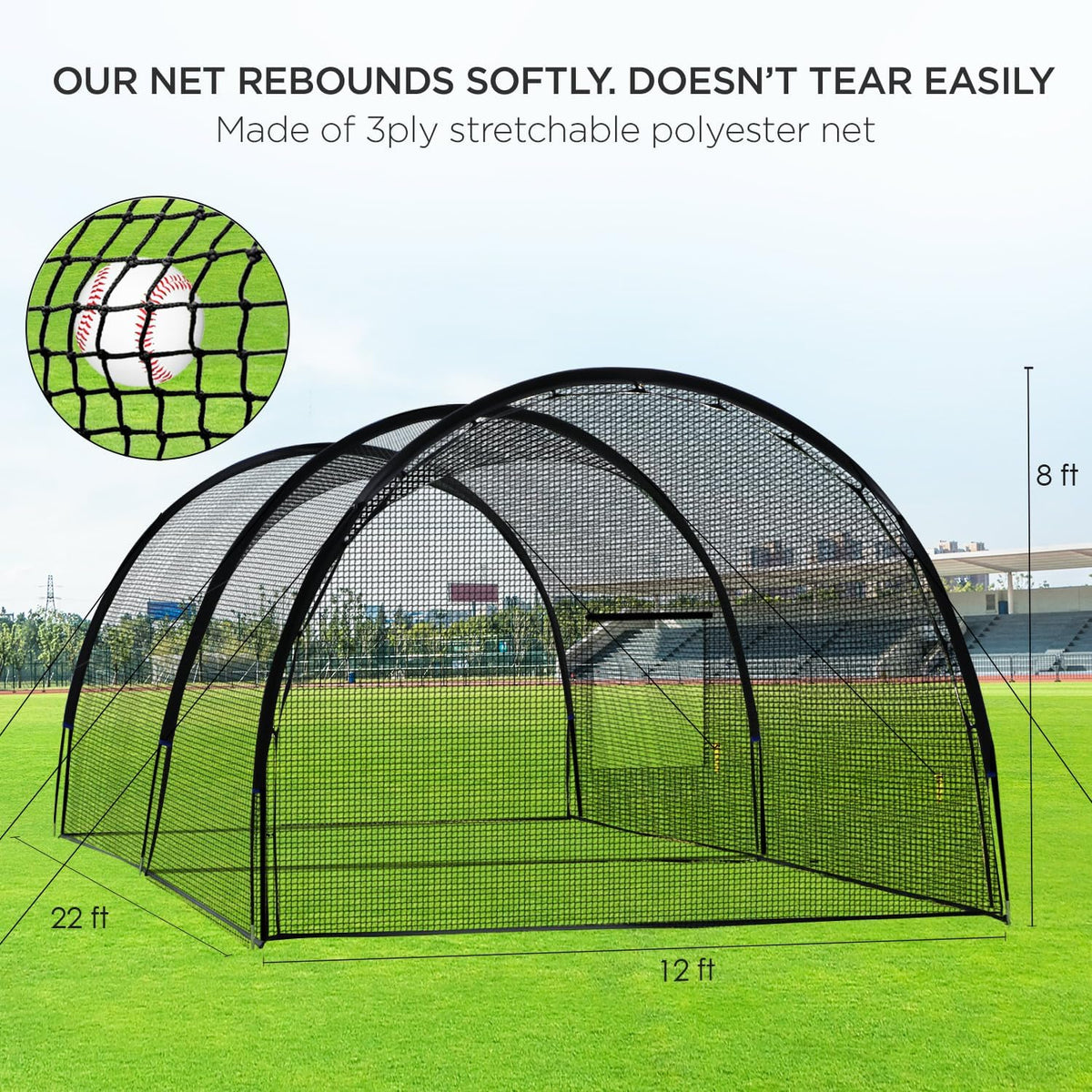 ZivPlay Baseball Batting Cage With Pitching Machine Hole And Detachable Door, 22 x 12 x 8 Feet - Baseball Batting Cage