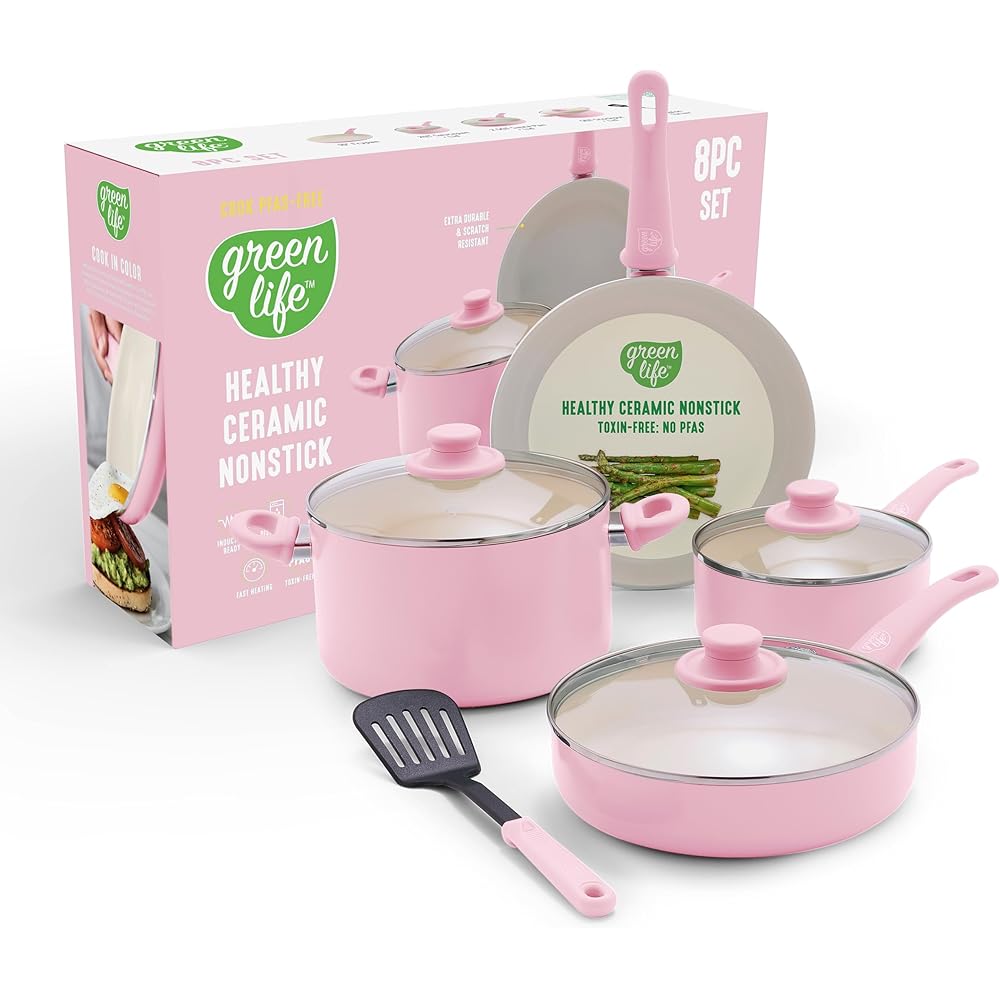 GreenLife 8 Piece Ceramic Nonstick Cookware Set, Light Pink
