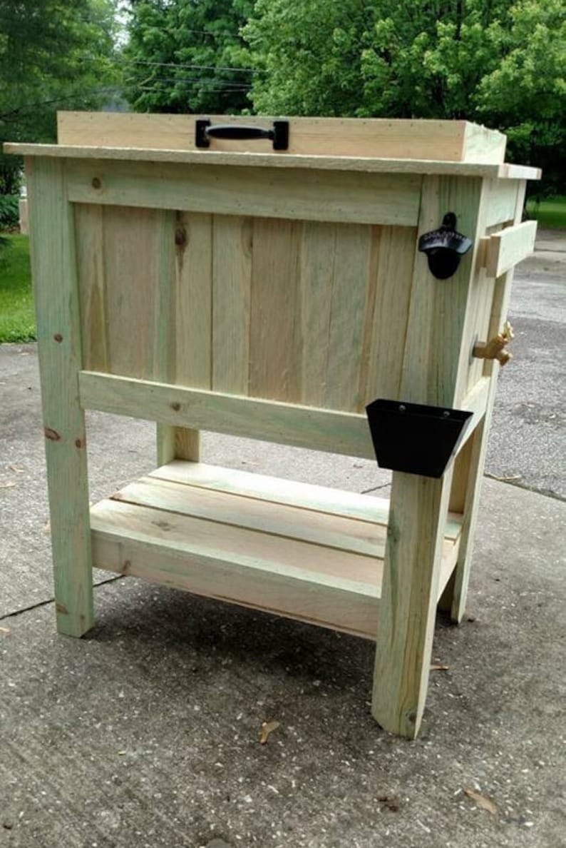 Inked Woodworking 48 Quart Antiqued Cedar Cooler Stand With Brass Drain, Bottle Opener And Cap Catcher