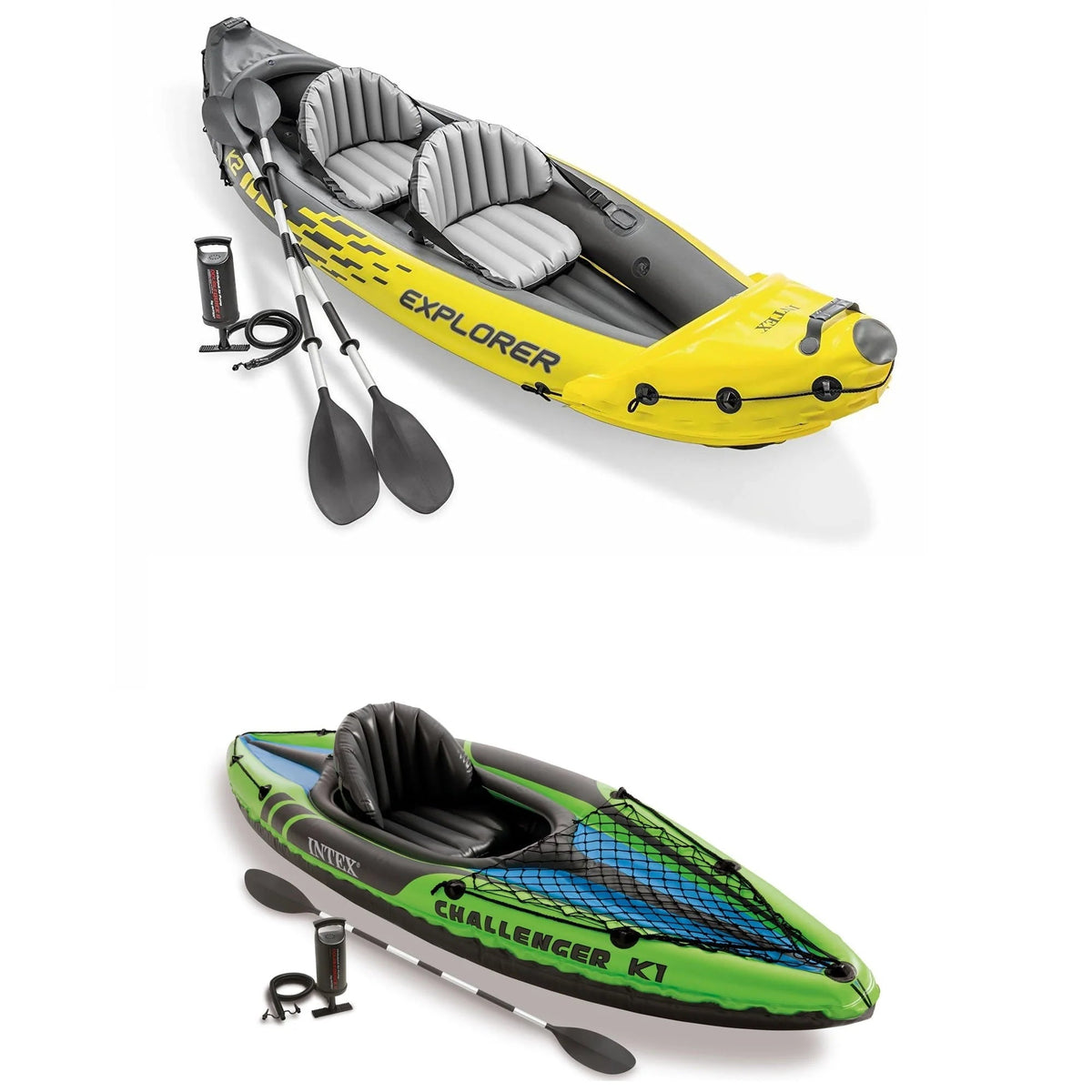 Intex Explorer K2 2-Person Inflatable Kayak With Oars And Pump And Challenger K1 1-Person Inflatable Kayak