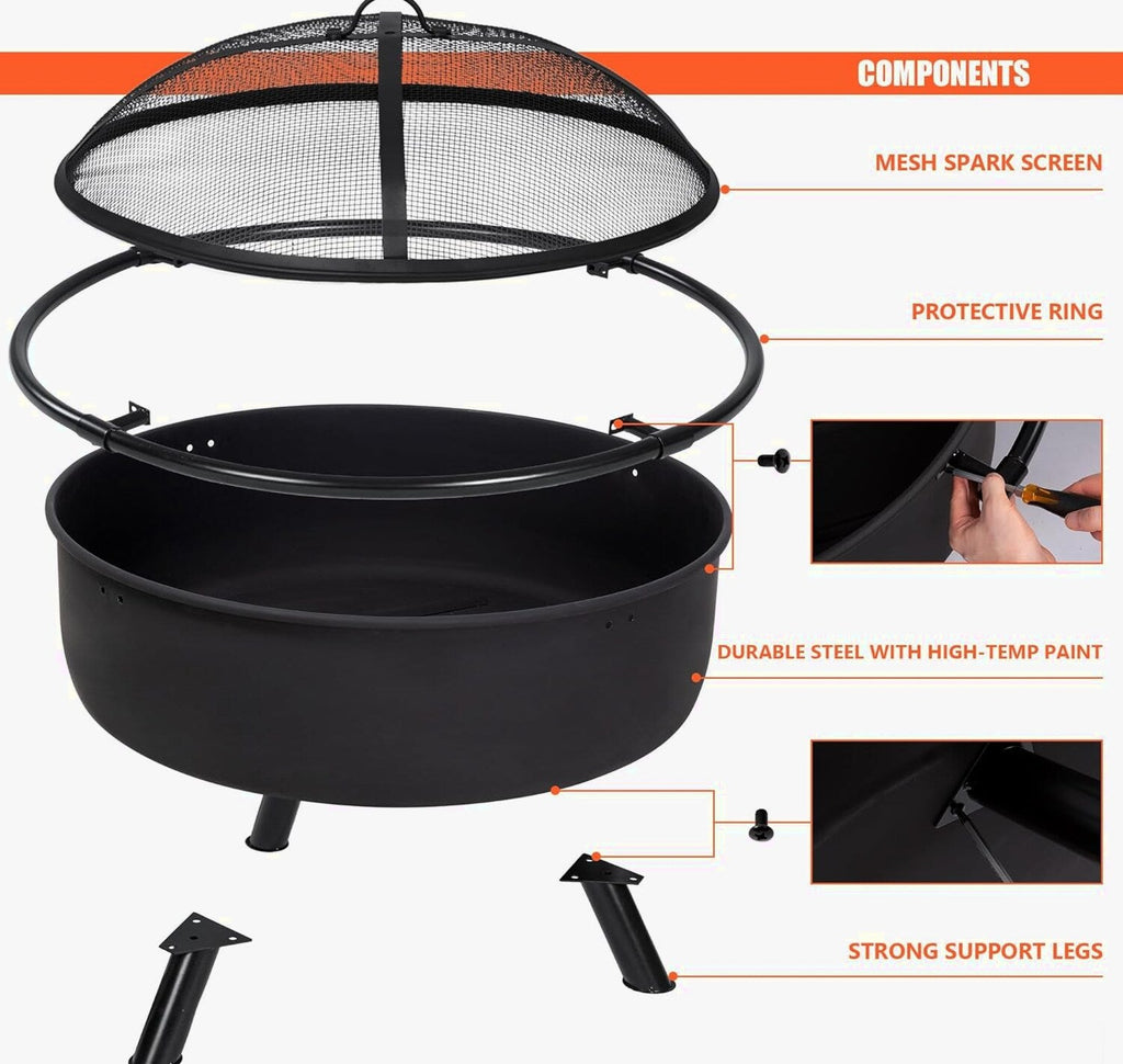 SUNCREAT 42” Patio Fire Pit Wood Burning with Mesh Spark Screen, Bonfire Outdoor firepit with Fireplace Poker, Black