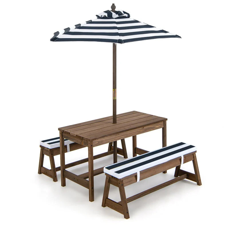 Wooden Kids Picnic Table Bench Set With Cushions And Height-Adjustable Umbrella - 35 in